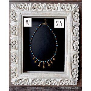 Gold & Turquoise Beaded Necklace With Ornate Star Charms Adjustable Chain